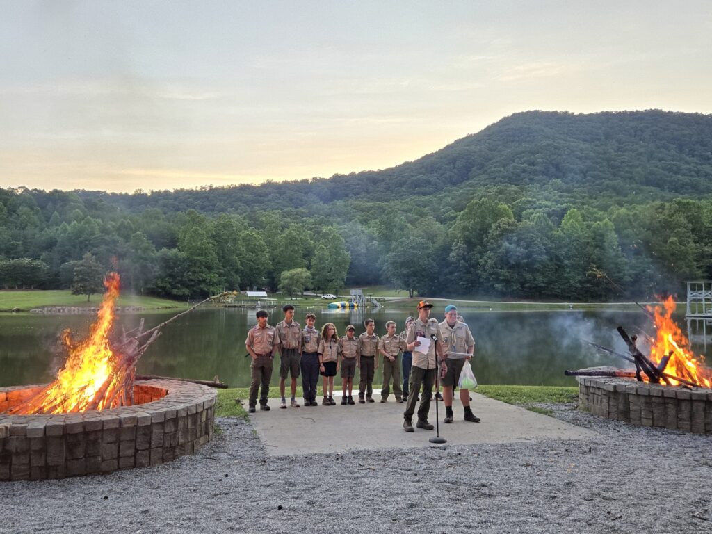 Troop 110 at Camp Rainey Mountain Summer Camp - group photo at final campfire at CRM week 3
